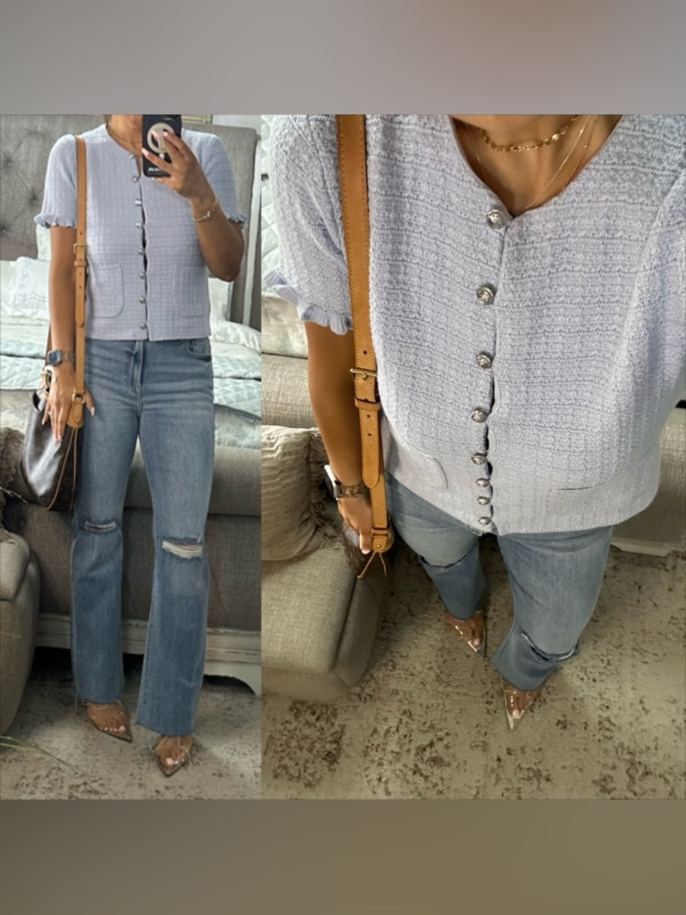 New✨ Soft Blue Textured Button Front Top